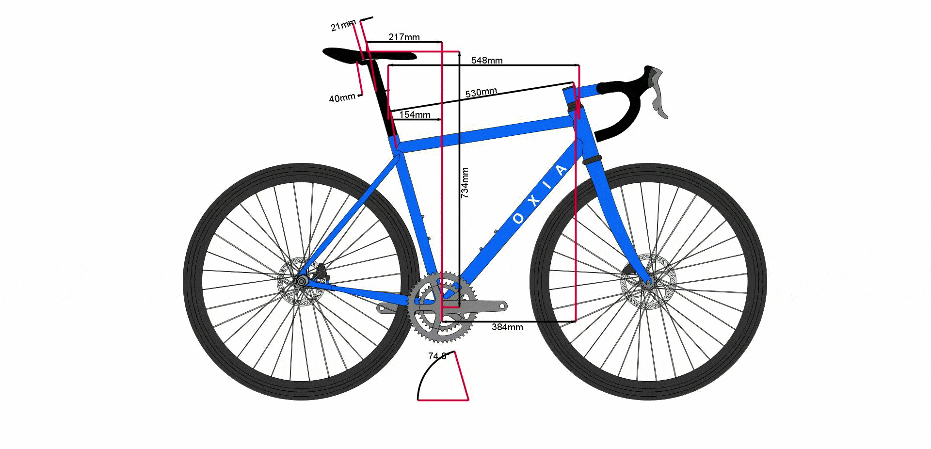74° seat tube angle and variation in saddle setback with different seatposts
