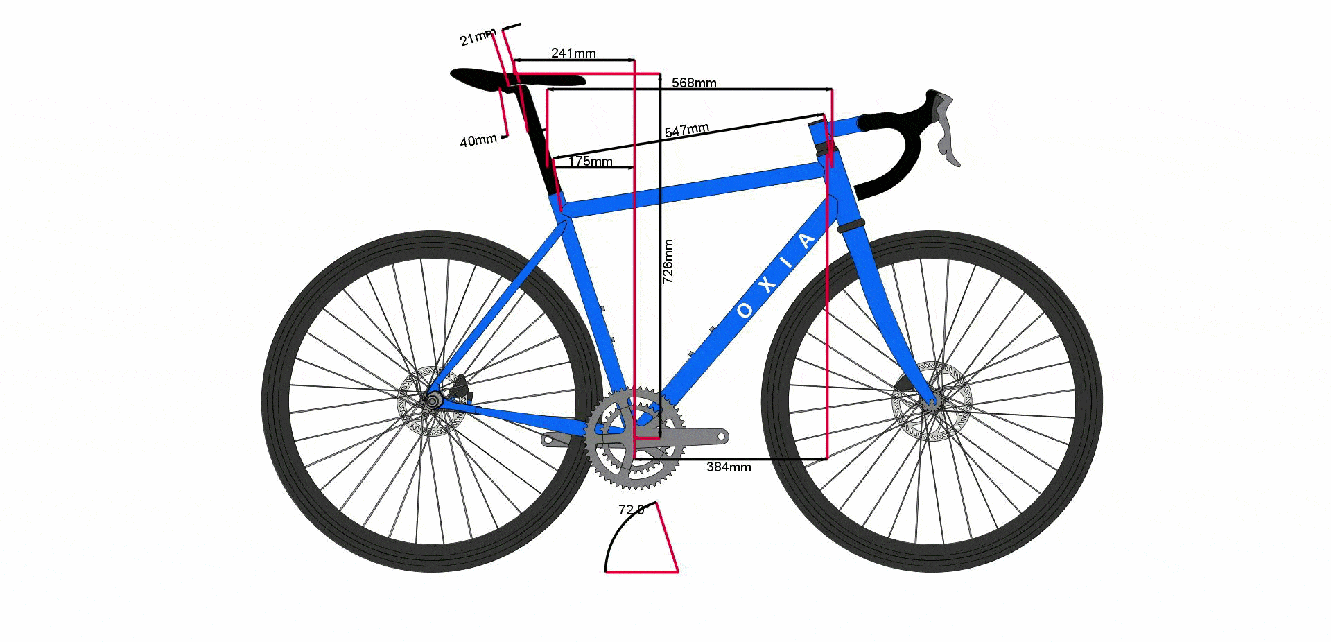 72° seat tube angle and variation in saddle setback with different seatposts